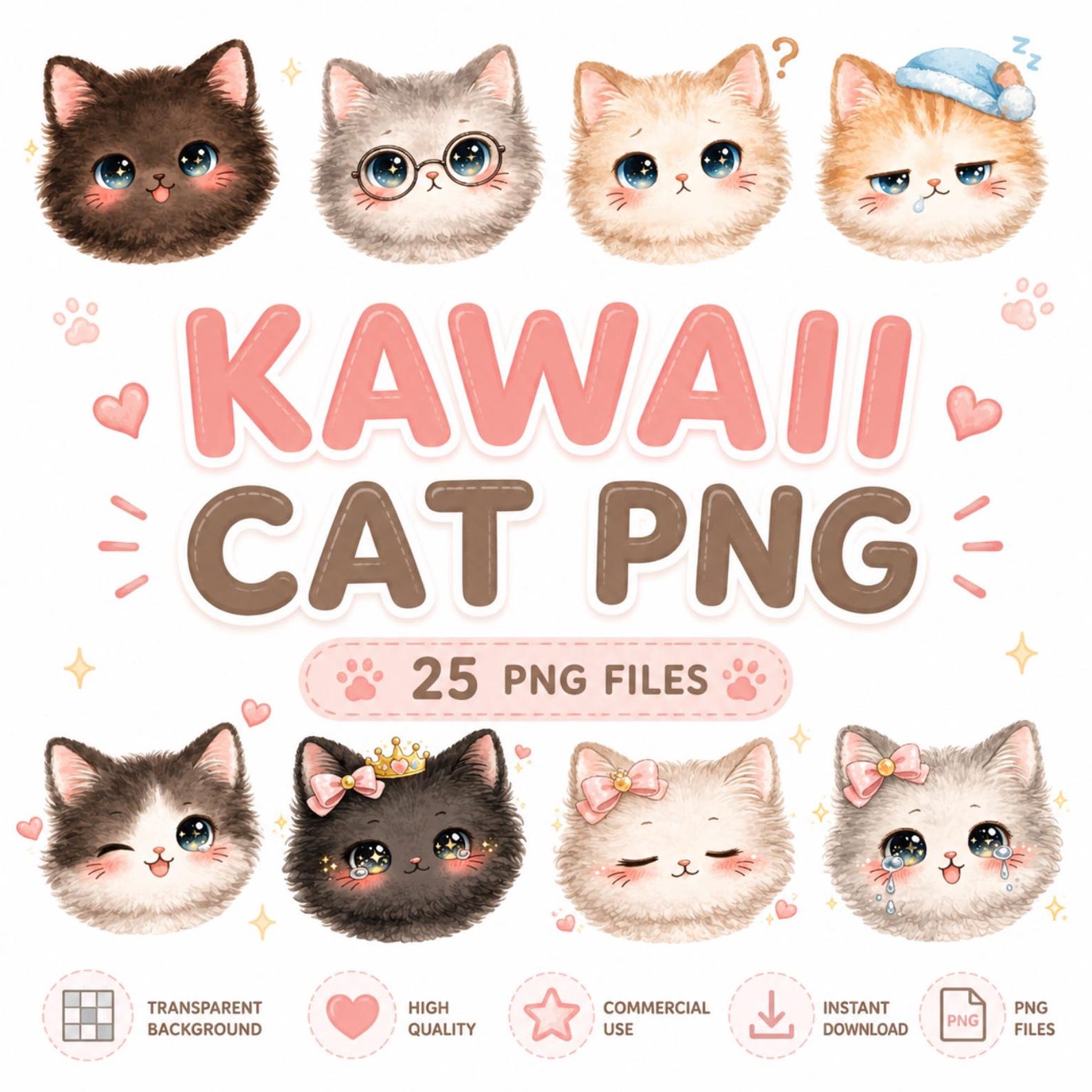 Kawaii Cat PNG Clipart Bundle, Cute Kitten Clipart, Pastel Cat PNG ...