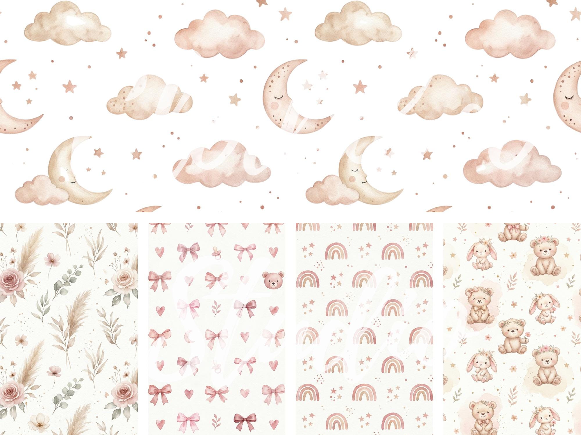 Boho Baby Girl Clipart PNG Bundle, Nursery Animals, Patterns (digital ...