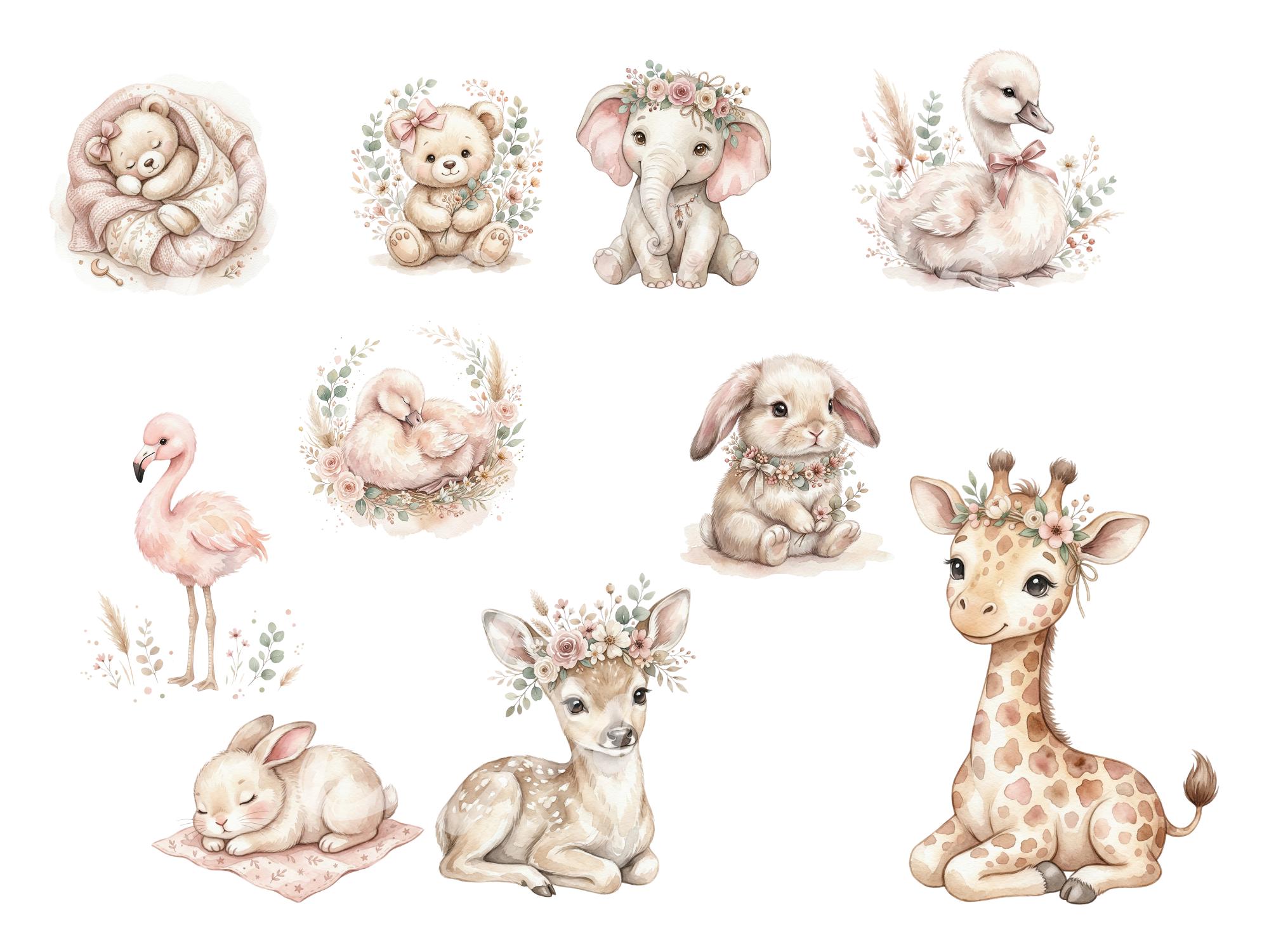 Boho Baby Girl Clipart PNG Bundle, Nursery Animals, Patterns (digital ...