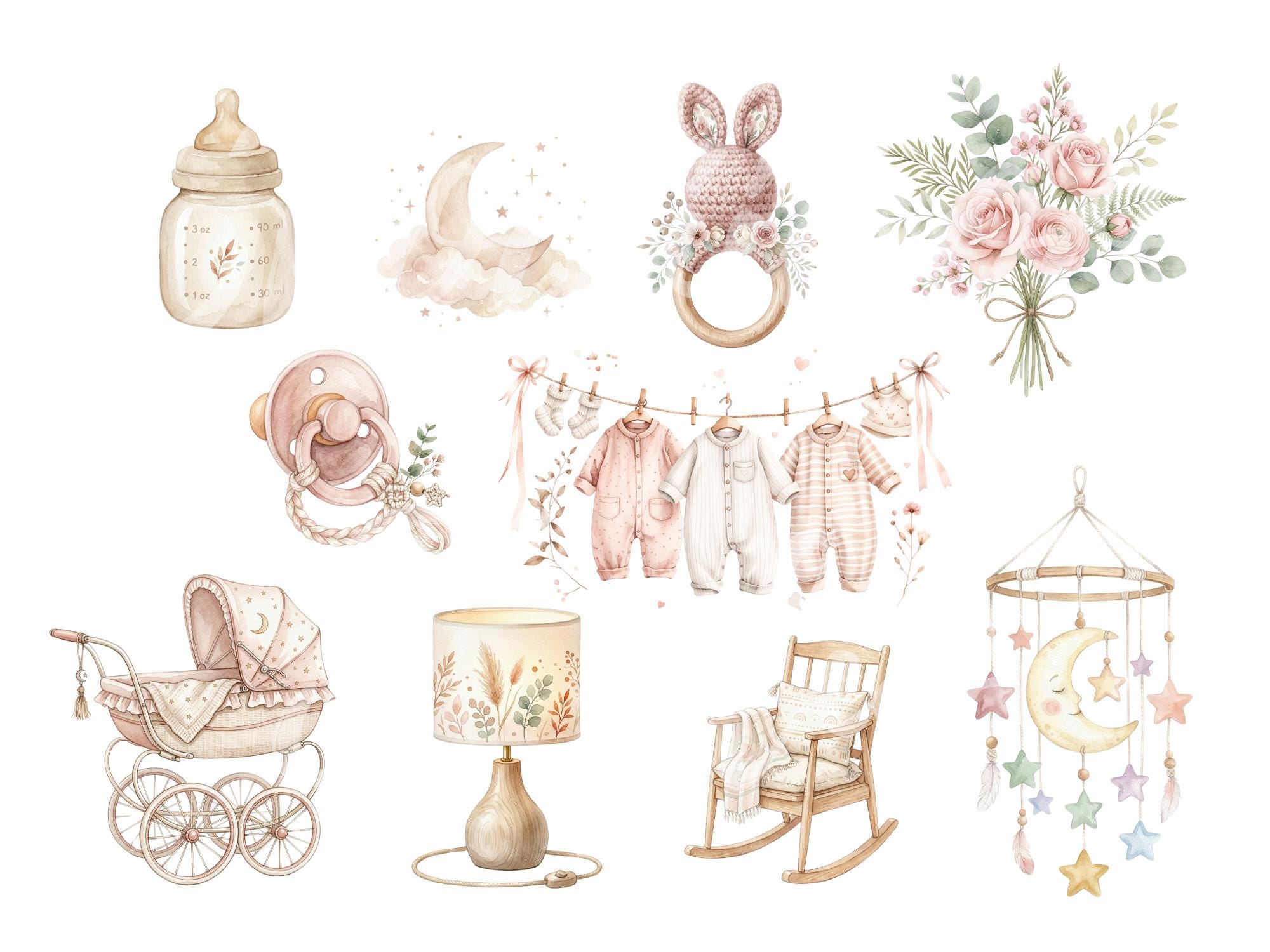 Boho Baby Girl Clipart PNG Bundle, Nursery Animals, Patterns (digital ...