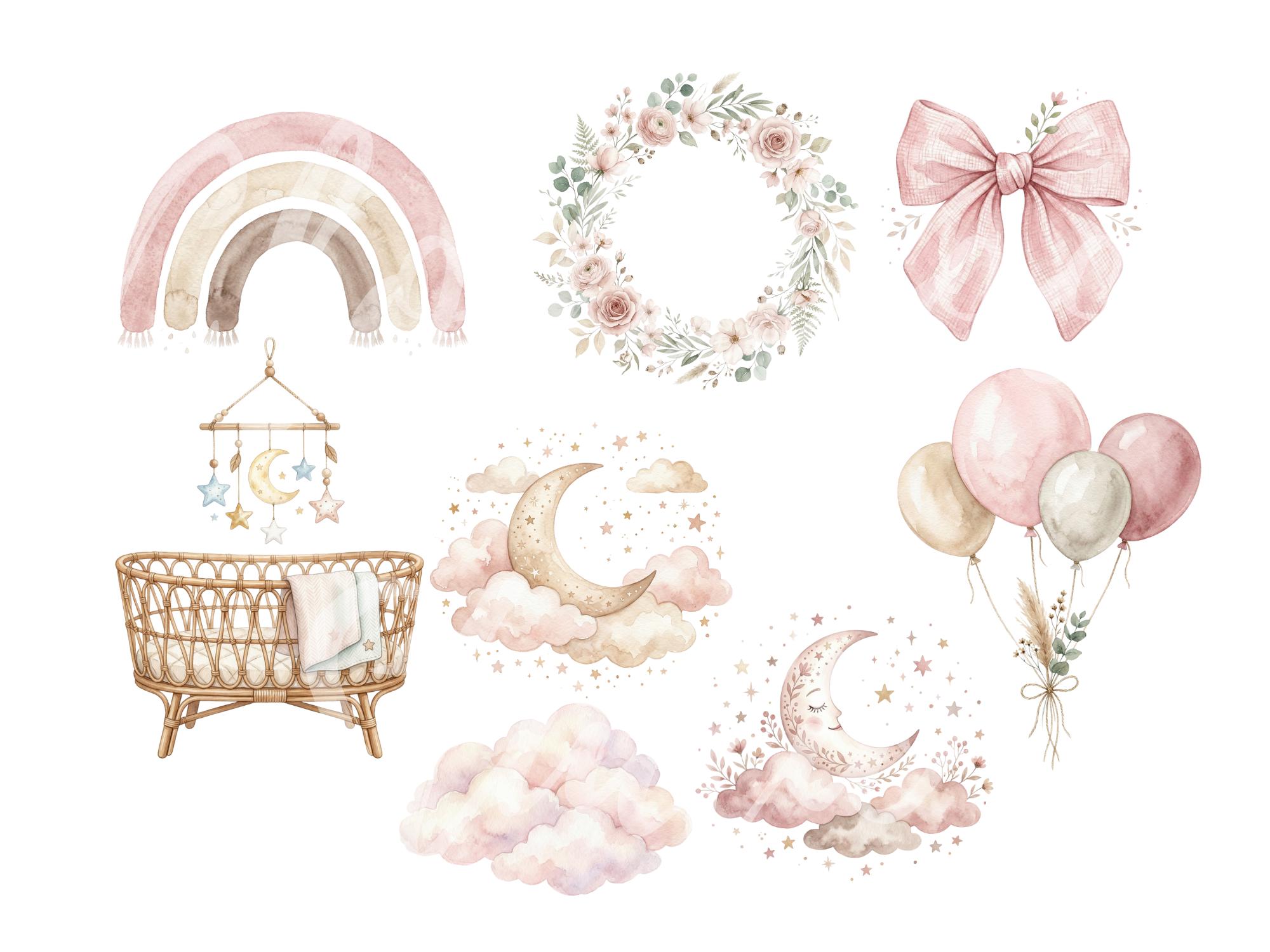 Boho Baby Girl Clipart PNG Bundle, Nursery Animals, Patterns (digital ...