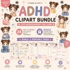 May include: ADHD clipart bundle with cute neurodivergent girl icons. Contains 24 PNG cliparts, printable pages for planners, journals, and stickers. Bonus dopamine menu and mood tracker printables. Commercial use is permitted.