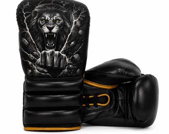 Luvas de boxe em couro, luvas de treino com cadarço, equipamentos de luta com impressão digital personalizada