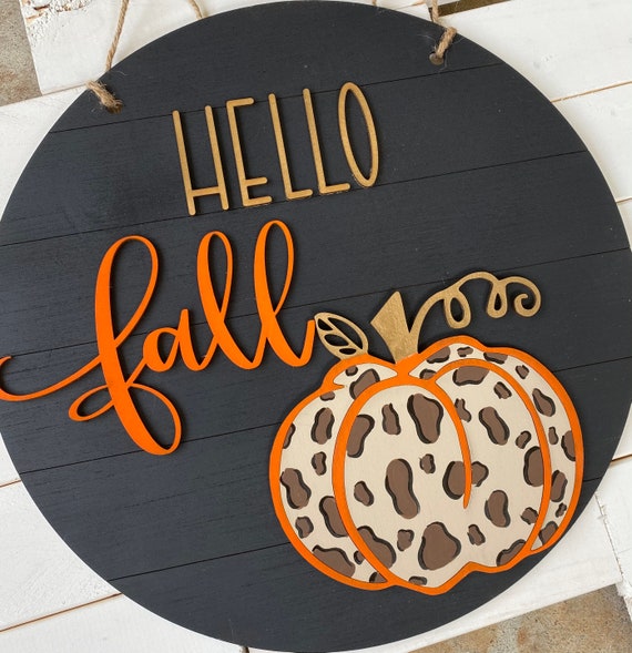 Leopard Pumpkin Fall Door Hanger: Round Wooden Sign