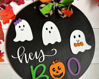 Ghosts Door Hanger, friendly ghosts, cute ghost sign, hey boo sign, Halloween door sign, fall decor,  halloween porch, Halloween ghost sign