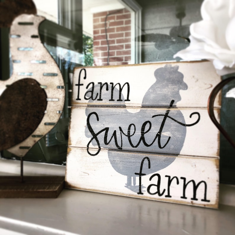Farm Sweet Farm Farm Sign Chicken Sign Chicken Coop Sign Kitchen Sign Farmhouse Signs Wood Signs Wood Signs Sayings Rooster Sign