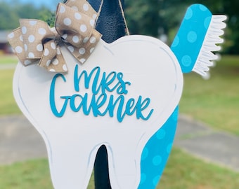 Personalized Dentist Door Hanger: Tooth & Brush Sign
