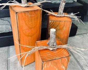 Handmade Wood Pumpkin Block Set: Rustic Fall Harvest Decor