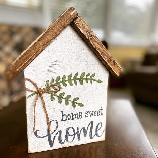 Wood block house, little wood house, wood house, tiered tray decor, wood signs, home sweet home sign, wood signs sayings, wood houses