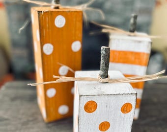 Handmade Wood Pumpkin Blocks: Rustic Farmhouse Fall Decor, Set of 3
