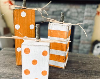 Handmade Wood Pumpkin Blocks: Rustic Farmhouse Fall Decor, Set of 3