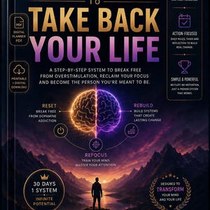 May include: A digital planner cover with the text "30 Days to Take Back Your Life." The design features a split brain graphic, a silhouette of a person, and icons for focus, discipline, and more. The cover is dark with purple and gold accents.