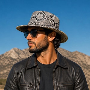 Handmade Snakeskin  Fedora Hat: Wide Brim Western Style, Handmade Python Pattern Accessory