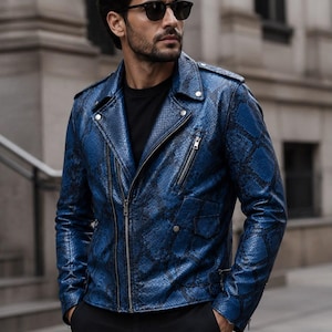 Veste en cuir bleu serpent pour homme, veste de motard en cuir véritable, veste de moto artisanale, manteau de luxe en cuir gaufré python