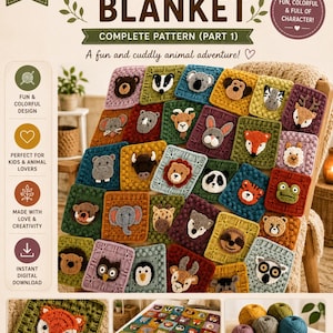May include: A crochet pattern titled Wild Animal Blanket featuring a grid of square motifs, each displaying a different 3D animal face including a bear, fox, and elephant. The design includes text, colorful yarn balls, and a crochet hook.