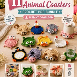 11-in-1 Animal Coaster Crochet Pattern Bundle PDF | Cute Amigurumi Cup Holders | Funny Animal Coasters | Instant Download