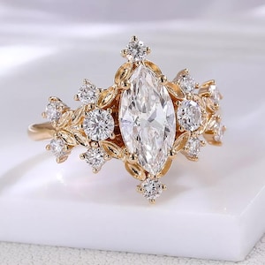 14k Rose Gold Marquise Engagement Ring, Floral Lab Grown Diamond Ring Leaf Vine Cluster Band, Wedding Gift, Handmade Jewelry