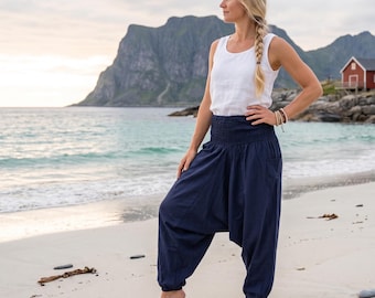 Pantalones holgados estilo harem gitano hippie Ali Baba azul marino indio para mujer, estilo boho yoga.