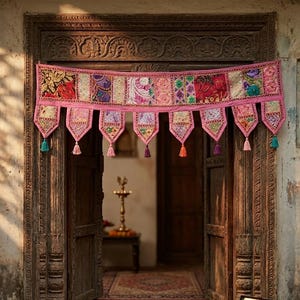 Toran de pared/puerta de patchwork rosa hecho a mano para decoración del hogar, cenefa Toran