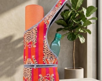 Quilted Orange Tiger Print Yoga Mat Bag: Handmade Cotton Tote
