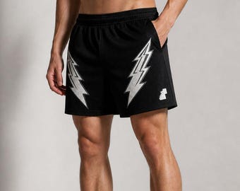 Men’s Basketball Mesh Shorts, Graphic Athletic Shorts, Lightning Print Gym Shorts, Breathable Sports Shorts, Streetwear Shorts
