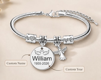 Personalized Memorial Bracelet, Custom Name Year Engraved Angel Bracelet, In Memory of Loved One, Sympathy Gift, Remembrance Jewelry