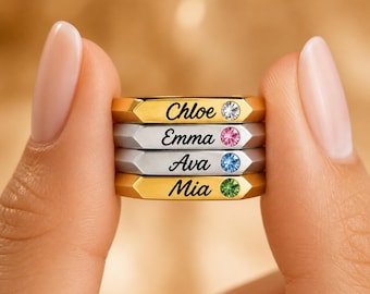 Personalized Name Birthstone Ring, Custom Engraved Ring, Gold Silver Stacking Ring, Dainty Gift for Mom Daughter Girlfriend
