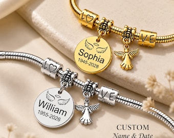 Personalized Memorial Bracelet, Custom Name Date Angel Charm Bracelet, Remembrance Jewelry, Loss of Loved One Gift, Gold Silver Keepsake