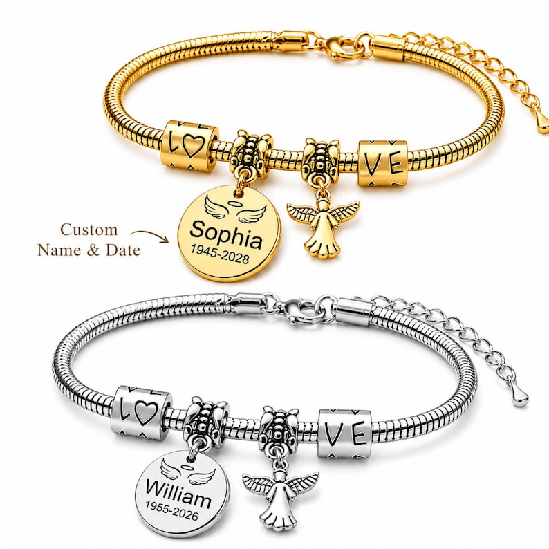May include: Two charm bracelets, one gold-coloured and one silver-coloured. Each has charms with the word "LOVE", angel pendants, and a round charm engraved with a name and dates. The gold bracelet has "Sophia" engraved on it.