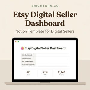 Könnte beinhalten: Eine digitale Dashboard-Oberfläche auf einem Bildschirm mit dem Titel Etsy Digital Seller Dashboard, die Bereiche für Main Dashboard, Listing Tracker, SEO Keyword Bank und Revenue & Expenses sowie Kennzahlen für 141 Besuche, 3,2% CVR und 1.240 $ Umsatz zeigt.