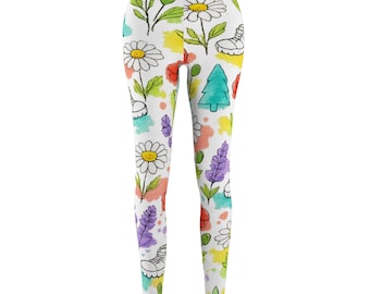 Leggings con estampado de flores silvestres en acuarela / Margaritas florales, amapolas y lavanda