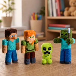 May include: Four crocheted Minecraft character figures: Steve, Alex, a Creeper, and a zombie. Steve has brown hair, a blue shirt, and blue pants. Alex has orange hair, a green shirt, and brown pants. The Creeper is green. The zombie has a spear.