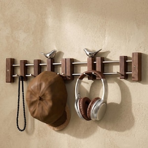 Solid Walnut Brass Bird Coat Rack | Sliding Stainless Steel Wall Hooks | College Dorm Coat & Backpack Hanger | Custom High End Hanger