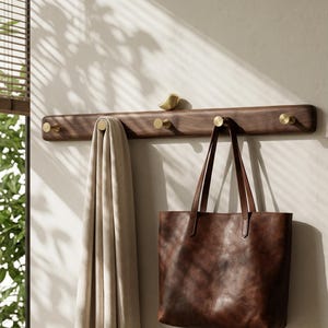 Solid Walnut Brass Bird Coat Rack, Space Saving Hook Wall Rack, Multifunctional Rustic Farmhouse Decor Coat Hat Towel Storage