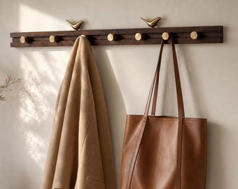 Walnut Coat Rack with Brass Bird | Sliding Wall Hooks | Entryway Organizer | Mid Century Modern Wooden Hat Rack | Housewarming Gift