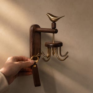 May include: A wall-mounted hook rack featuring a dark brown wooden base and a horizontal arm. Atop the arm sits a polished gold-toned metal bird figure. Below, a circular wooden platform supports four curved gold-toned metal hooks for hanging items.