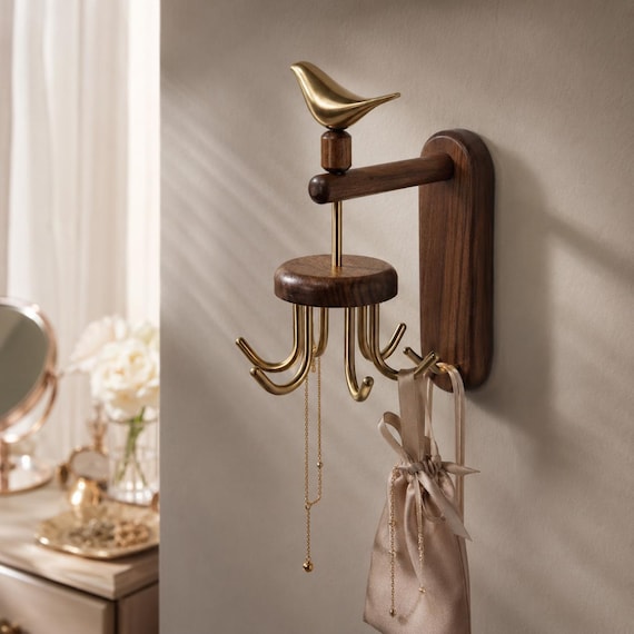 Solid Black Walnut & Brass Bird Wall Hook Rack, Sculptural Entryway Organizer High-End Housewarming Gift