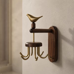 May include: A wall-mounted hook rack featuring a dark brown wooden base and horizontal arm. A gold-toned metal bird sits atop the arm. Below, a circular wooden platform supports four curved gold-toned metal hooks for hanging items securely.