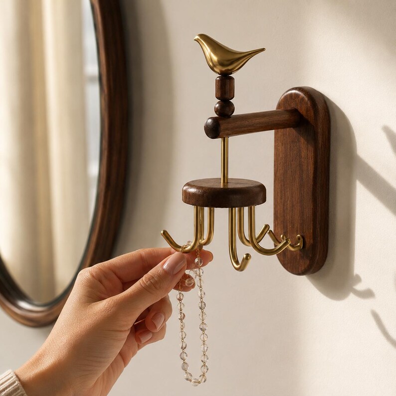 May include: A wall-mounted jewelry organizer featuring a dark brown wooden base and a rotating circular wooden platform. The structure is topped with a polished gold-toned bird figurine and includes multiple curved gold-toned metal hooks.