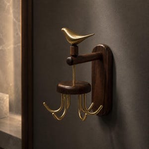 May include: A wall-mounted hook rack featuring a dark brown wooden base and arm, topped with a polished gold-colored metal bird figurine. Below the arm, a circular wooden platform supports four curved gold-colored metal hooks for hanging items.