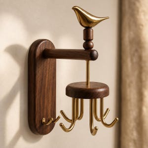 May include: A wall-mounted hook rack featuring a dark brown wooden base with two small hooks and a horizontal arm supporting a rotating circular wooden platform. This platform holds six gold-toned metal hooks, topped by a gold-toned bird figurine.