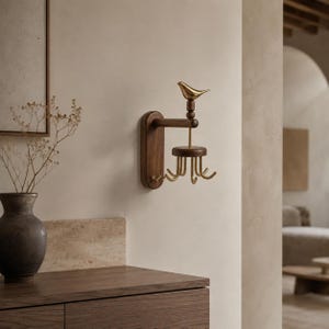 May include: A wall-mounted jewelry organizer featuring a dark brown wooden base and a horizontal arm. A polished gold-tone metal bird sits atop the arm, connected to a rotating circular wooden platform with six curved gold-tone metal hooks.