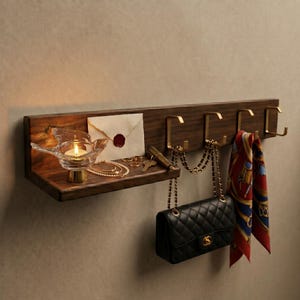 Könnte beinhalten: Ein dunkles Holzregal mit Messinghaken und einem kleinen Regal. Eine brennende Kerze befindet sich in einem vogelartigen Glasbehälter. Eine schwarze, gesteppte Handtasche und ein gemusterter Schal hängen an den Haken.