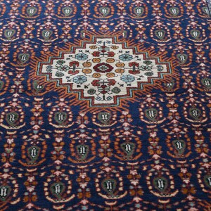 May include: A rectangular area rug featuring a deep blue field with a repeating pattern of small floral motifs. A central cream-coloured diamond medallion contains intricate floral designs in red, light blue, and orange. The border is patterned.
