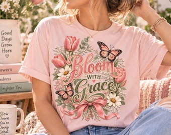 Bloom With Grace Shirt, Vintage Botanical Floral Tee, Inspirational Christian Tshirt, Coquette Butterfly Graphic, Nature Lover Gift