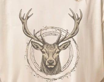 Vintage Stag Head Deer Antlers Woodland Illustration T-Shirt