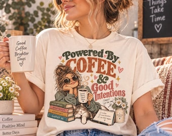 Powered By Coffee Shirt, Retro Book Lover Tee, Cozy Reader Tshirt, Coffee And Books Graphic, Cat Mom Teacher Gift