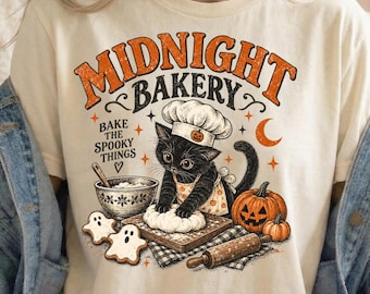 Halloween Cat Baker Shirt, Vintage Black Cat Bakery Tee, Spooky Baking Fall Tshirt, Cute Baker Gift Idea, Cozy Autumn Graphic