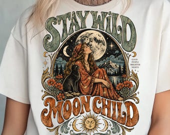 Stay Wild Moon Child Shirt, Celestial Witchy Graphic Tee, Whimsigoth Boho Black Cat Tshirt, Vintage Cottagecore Aesthetic Witch Gift