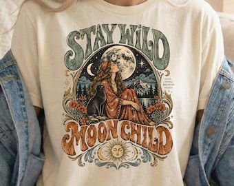 Stay Wild Moon Child Shirt, Celestial Witchy Graphic Tee, Whimsigoth Boho Black Cat Tshirt, Vintage Cottagecore Aesthetic Witch Gift